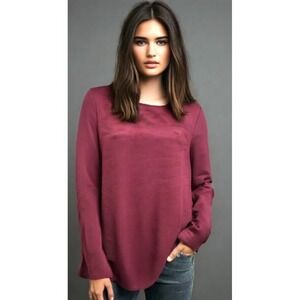 Chicos Top Womens Size Medium Faux Suede Front Long Sleeve Split Side Wine EUC